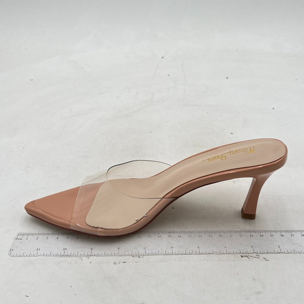 Milooey Nude Comfy High Heel Mules Open Pointed Toe Slide Sandals Cute Shoes